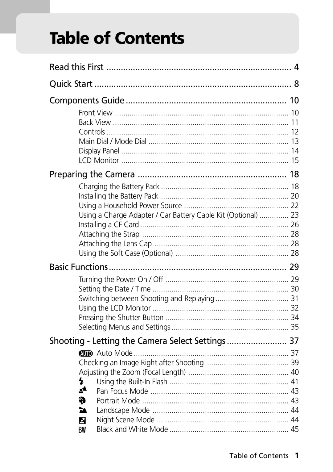 Canon G1 manual Table of Contents 