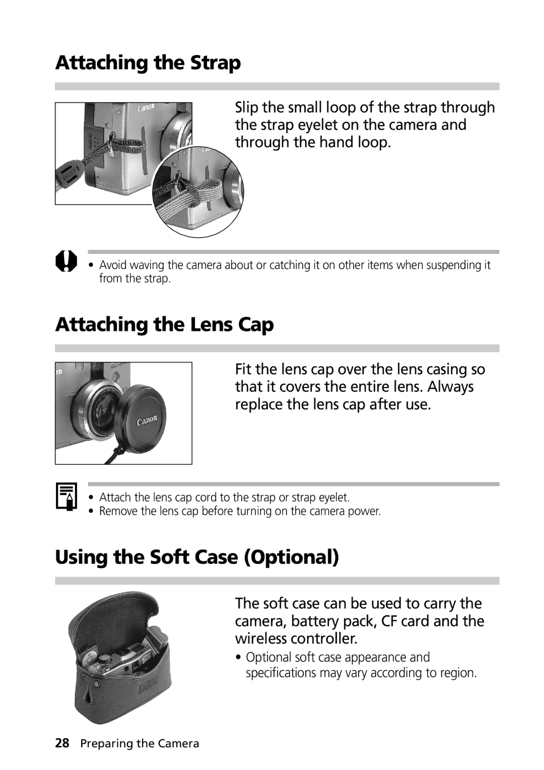 Canon G1 manual Attaching the Strap, Attaching the Lens Cap, Using the Soft Case Optional 