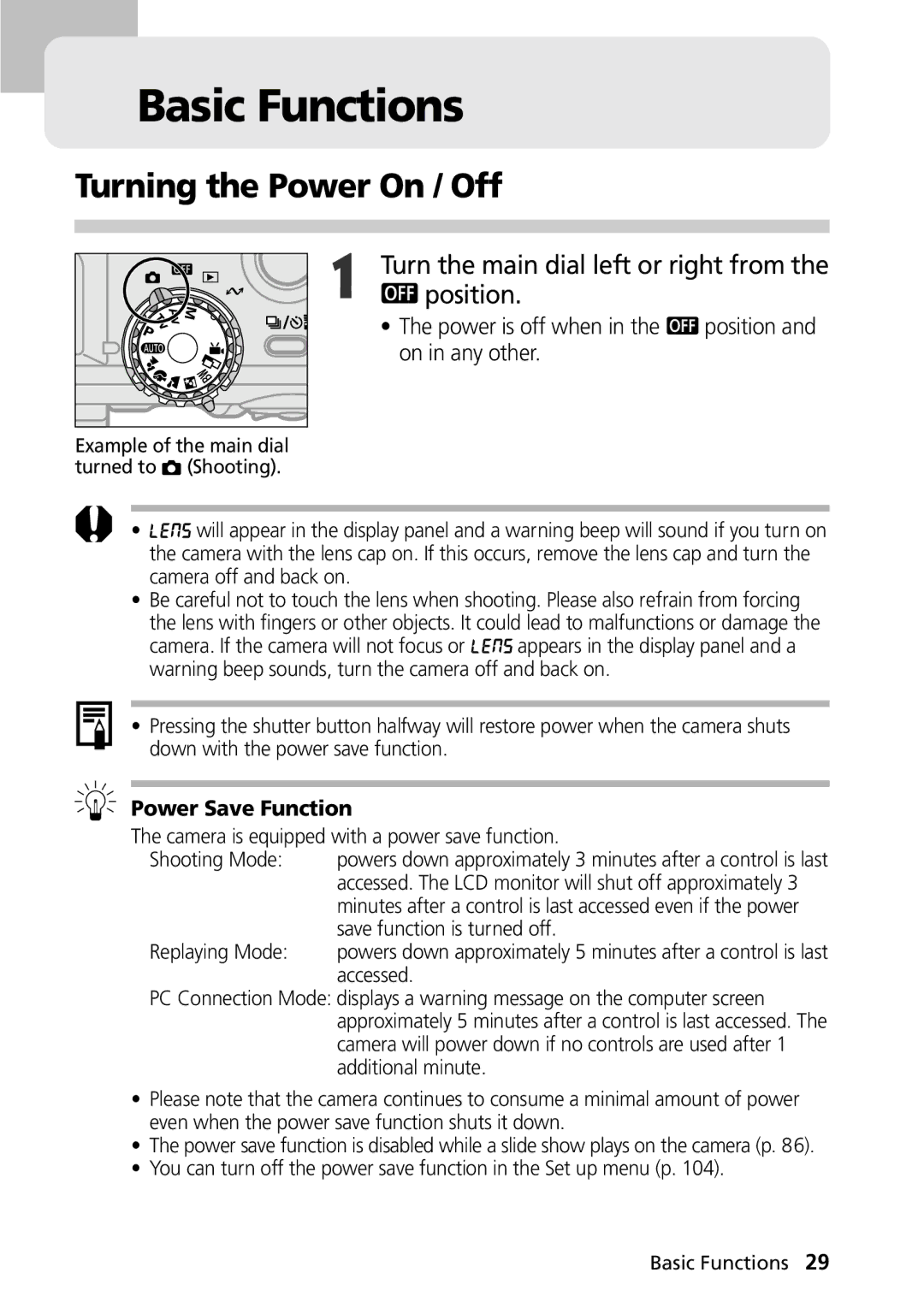 Canon G1 Basic Functions, Turning the Power On / Off, Turn the main dial left or right from, Position, Power is off when 