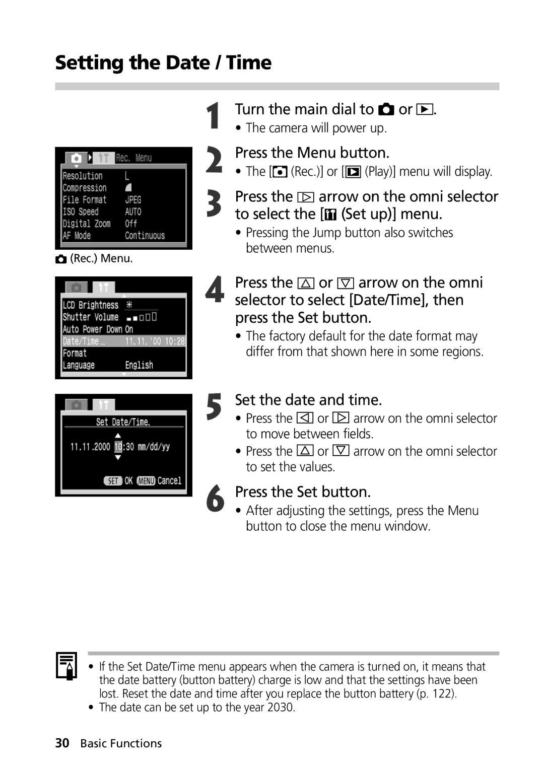 Canon G1 manual Setting the Date / Time, Turn the main dial to or, Set the date and time, Press the Set button 