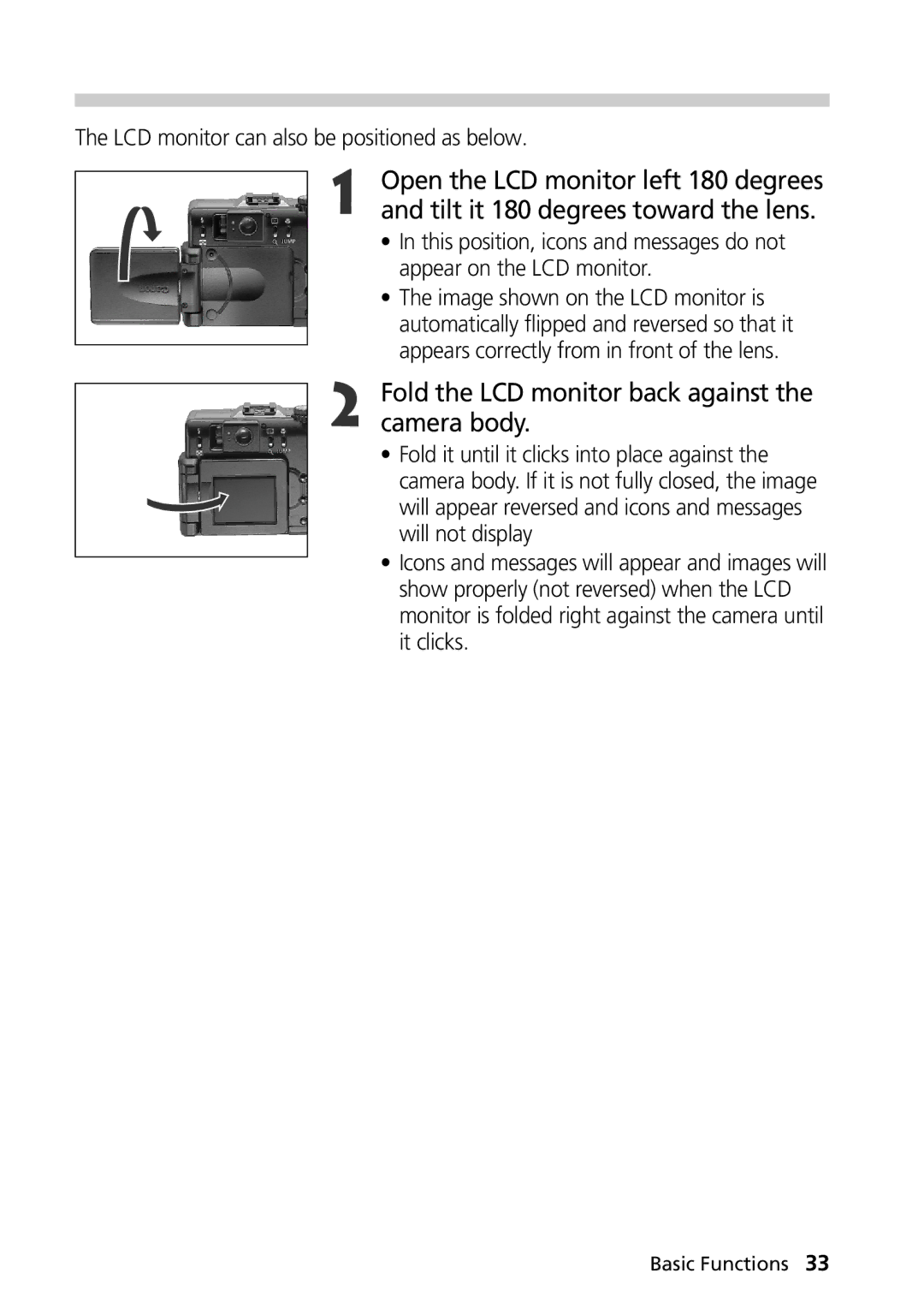 Canon G1 manual Tilt it 180 degrees toward the lens, Fold the LCD monitor back against the camera body 