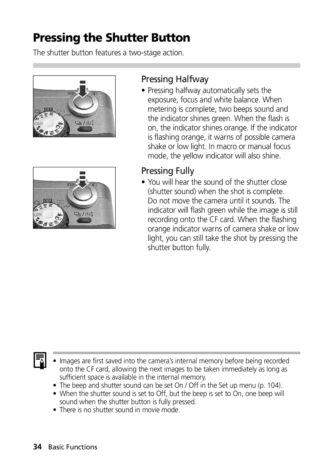 Canon G1 manual Pressing the Shutter Button, Pressing Halfway, Pressing Fully, Shutter button features a two-stage action 