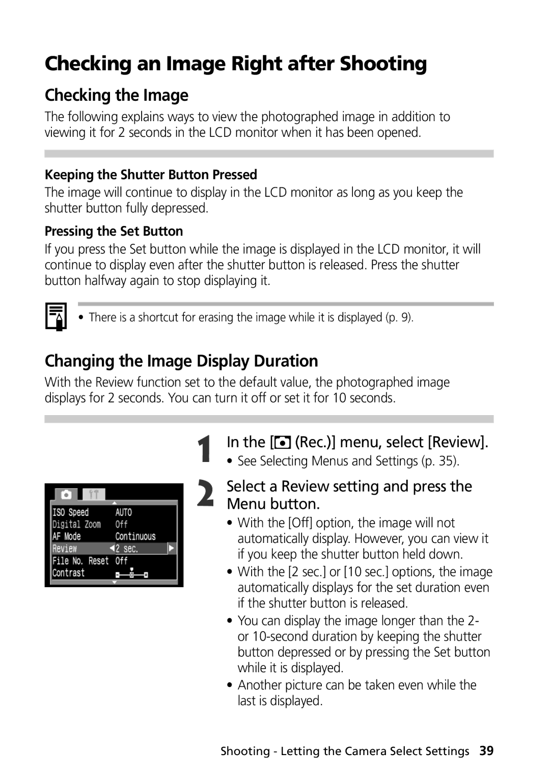 Canon G1 manual Checking an Image Right after Shooting, Checking the Image, Changing the Image Display Duration 