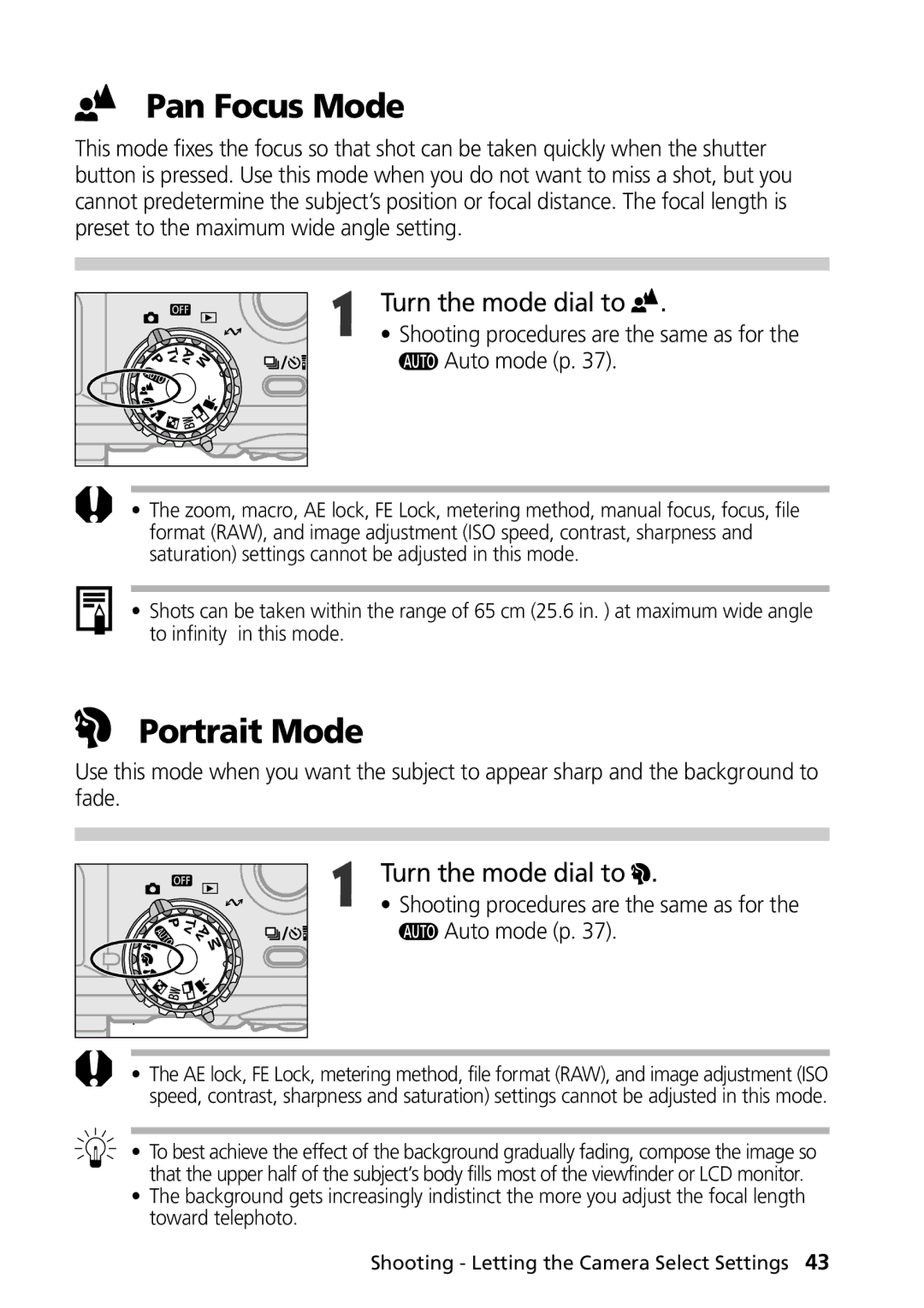 Canon G1 manual Pan Focus Mode, Portrait Mode 