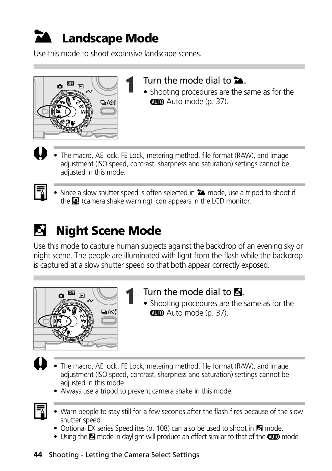 Canon G1 manual Landscape Mode, Night Scene Mode, Use this mode to shoot expansive landscape scenes 