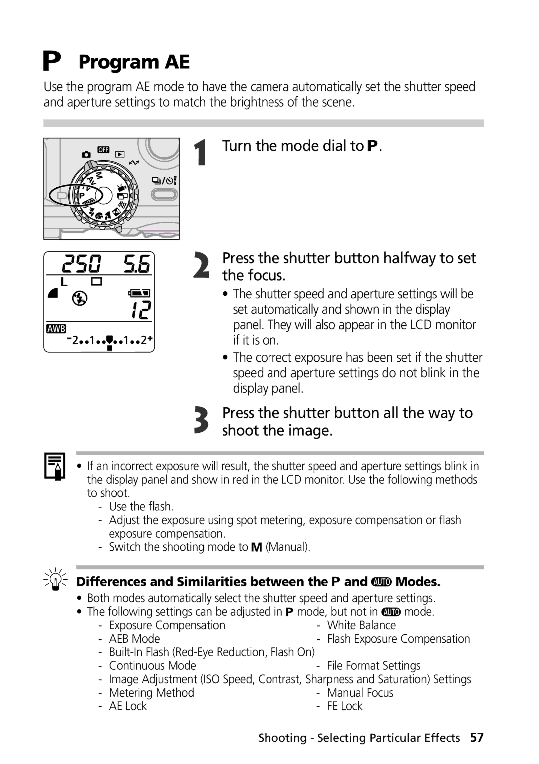 Canon G1 manual Program AE, Press the shutter button all the way to shoot the image, Continuous Mode File Format Settings 