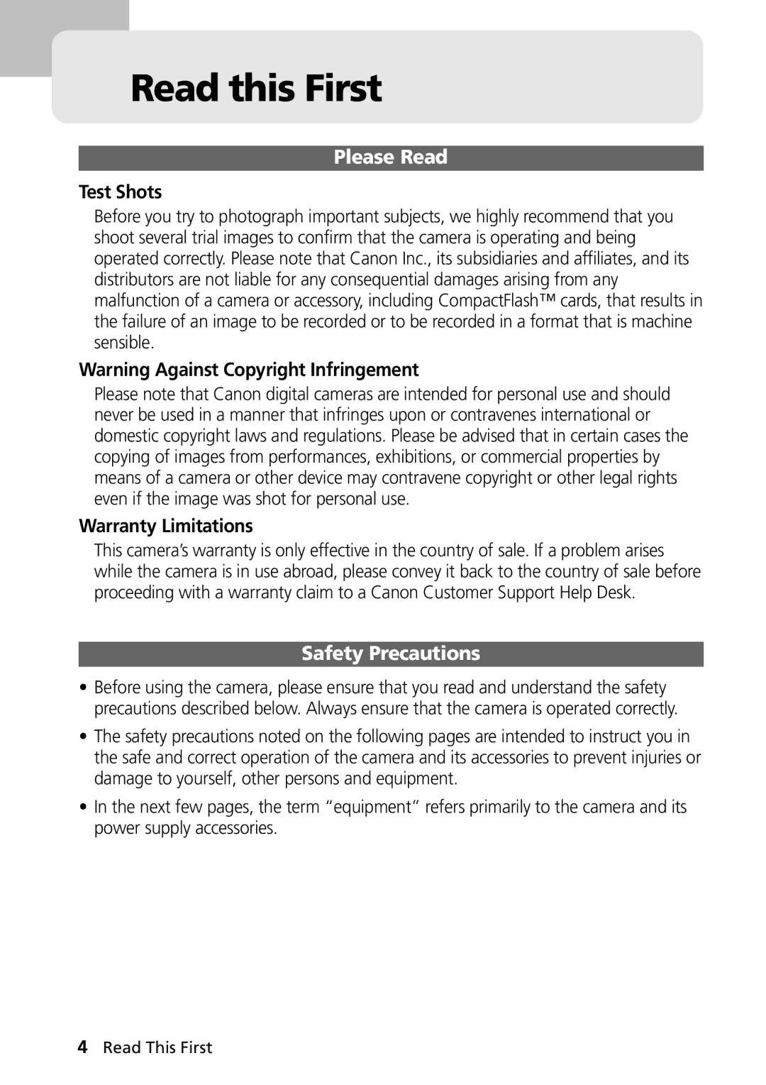 Canon G1 manual Read this First, Test Shots, Warranty Limitations 