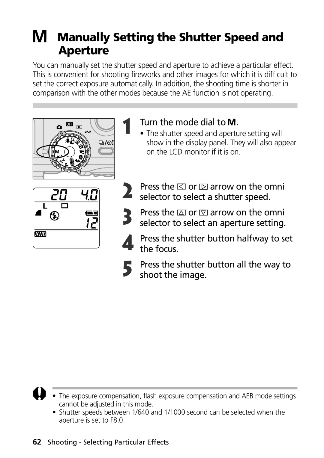 Canon G1 manual Manually Setting the Shutter Speed and Aperture 