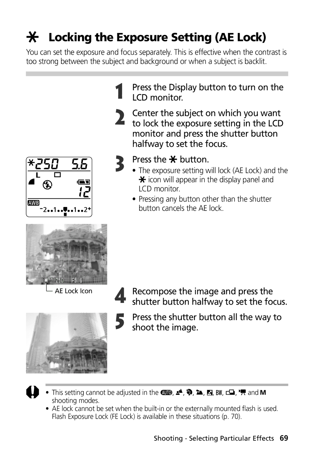 Canon G1 manual Locking the Exposure Setting AE Lock 