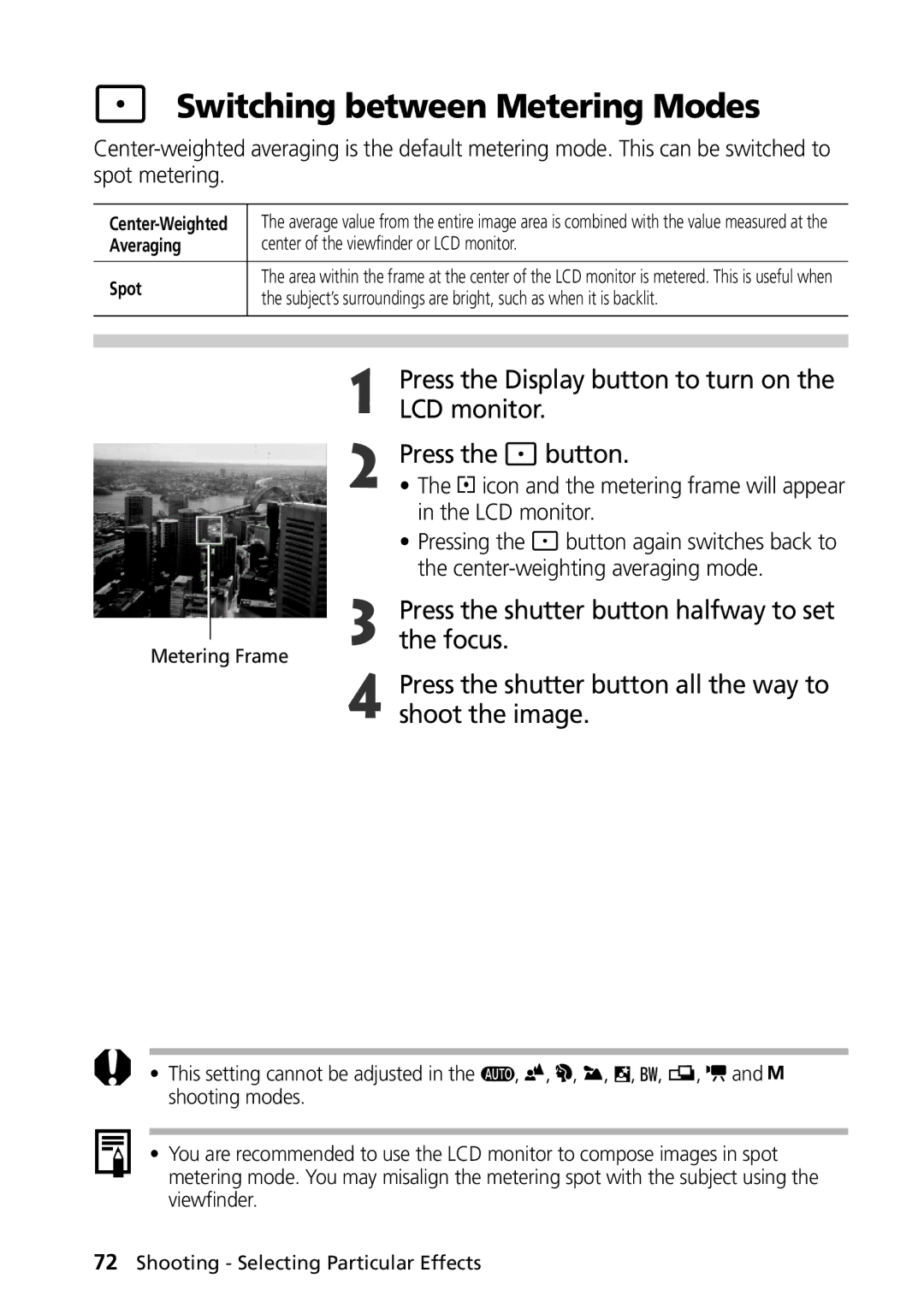 Canon G1 manual Switching between Metering Modes, Press Button 