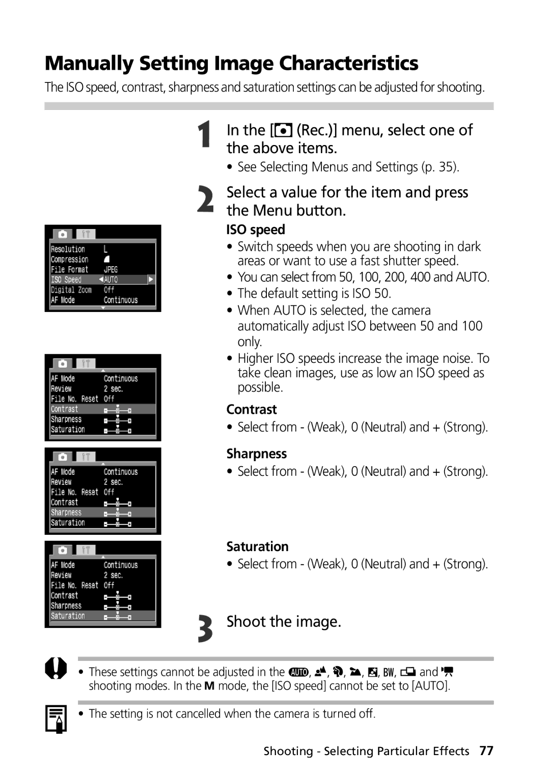 Canon G1 manual Manually Setting Image Characteristics, Rec. menu, select one, Above items 