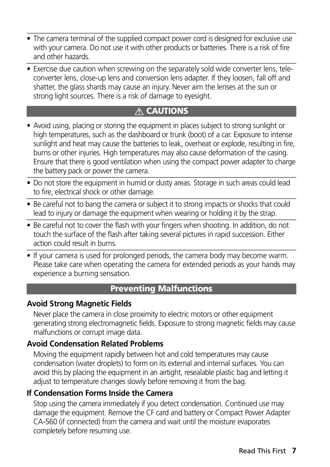 Canon G1 manual Avoid Strong Magnetic Fields, Avoid Condensation Related Problems, If Condensation Forms Inside the Camera 