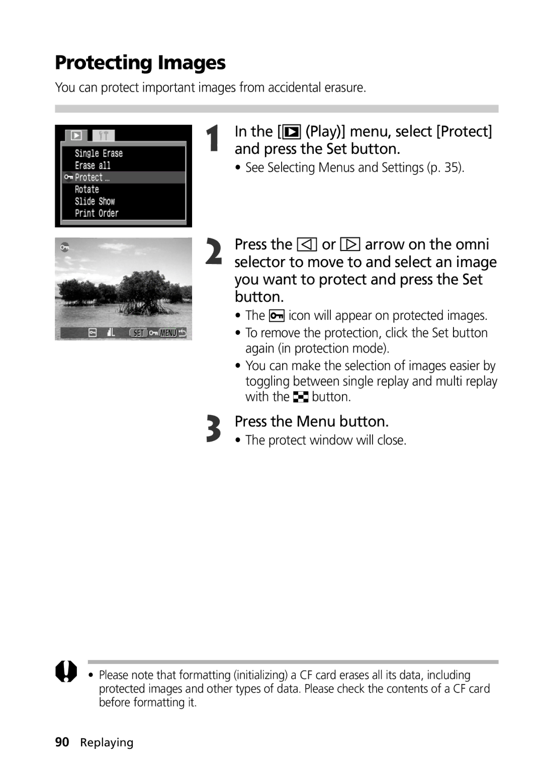 Canon G1 manual Protecting Images, Play menu, select Protect, You can protect important images from accidental erasure 