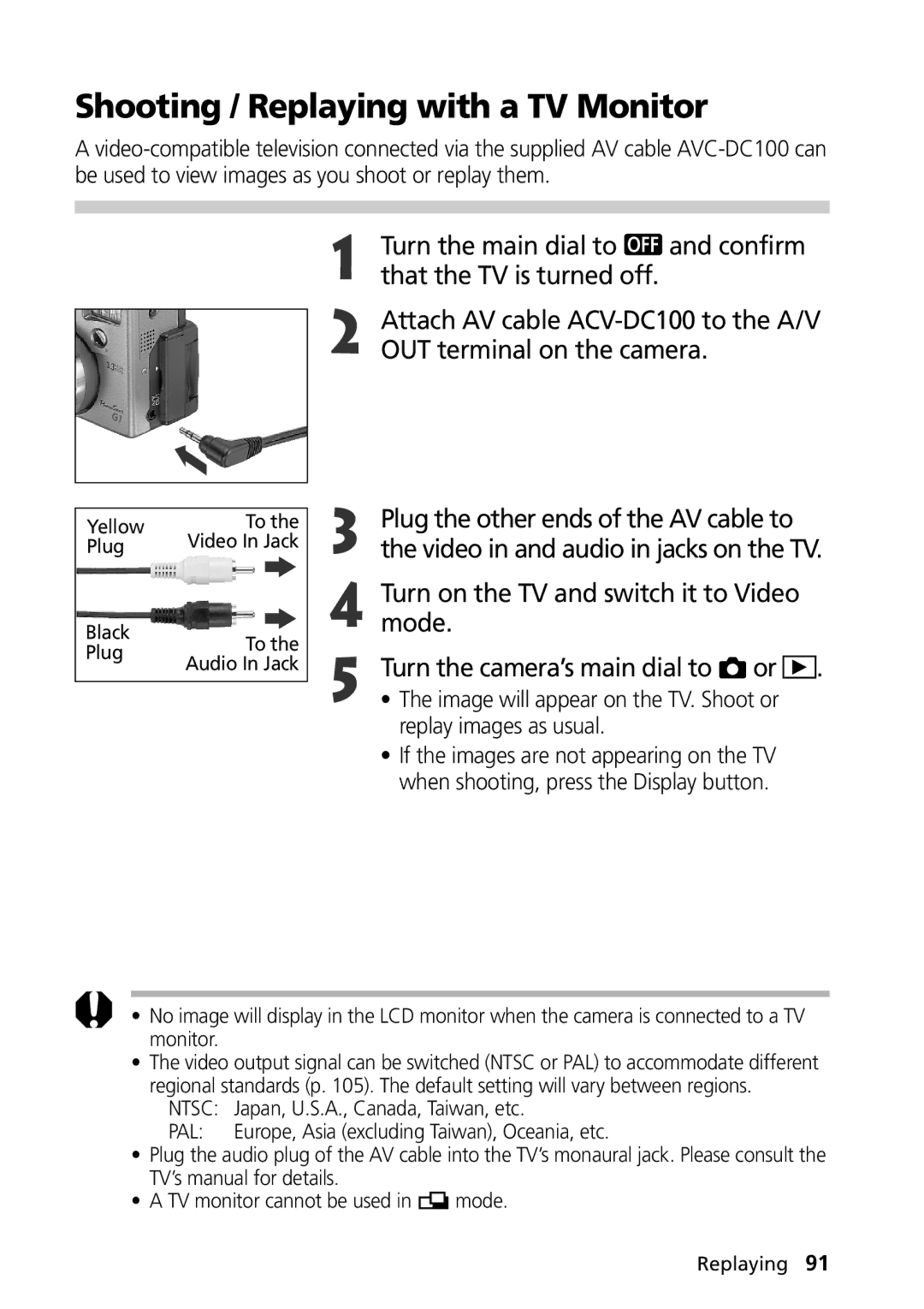 Canon G1 manual Shooting / Replaying with a TV Monitor, Turn the main dial to Confirm That the TV is turned off 