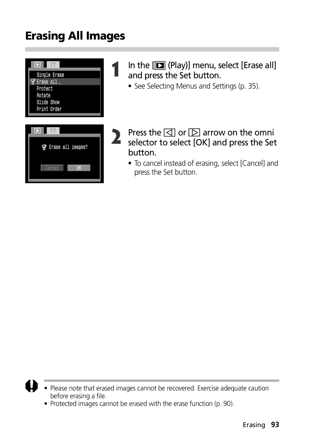 Canon G1 manual Erasing All Images, Play menu, select Erase all 