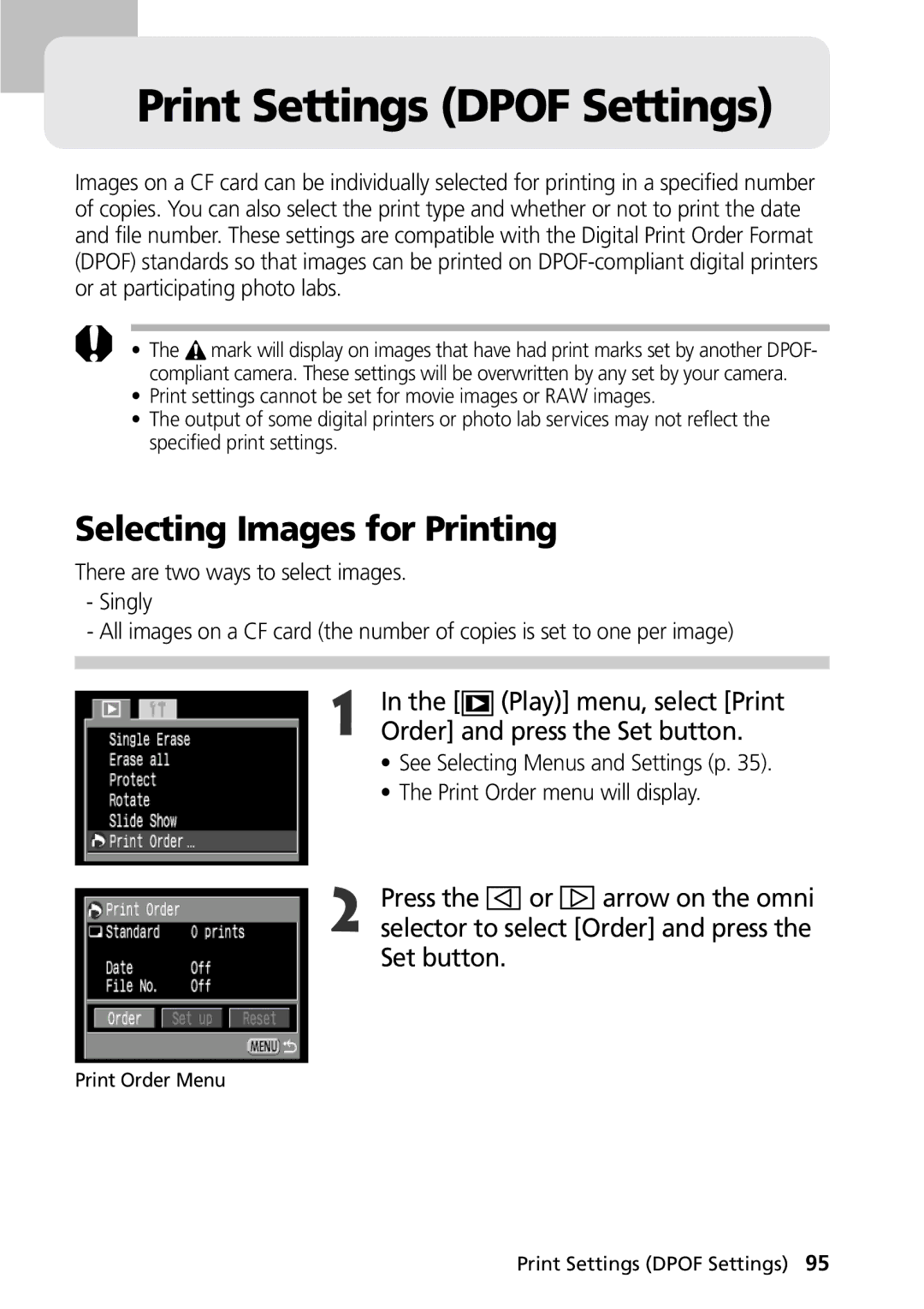 Canon G1 manual Print Settings Dpof Settings, Selecting Images for Printing 