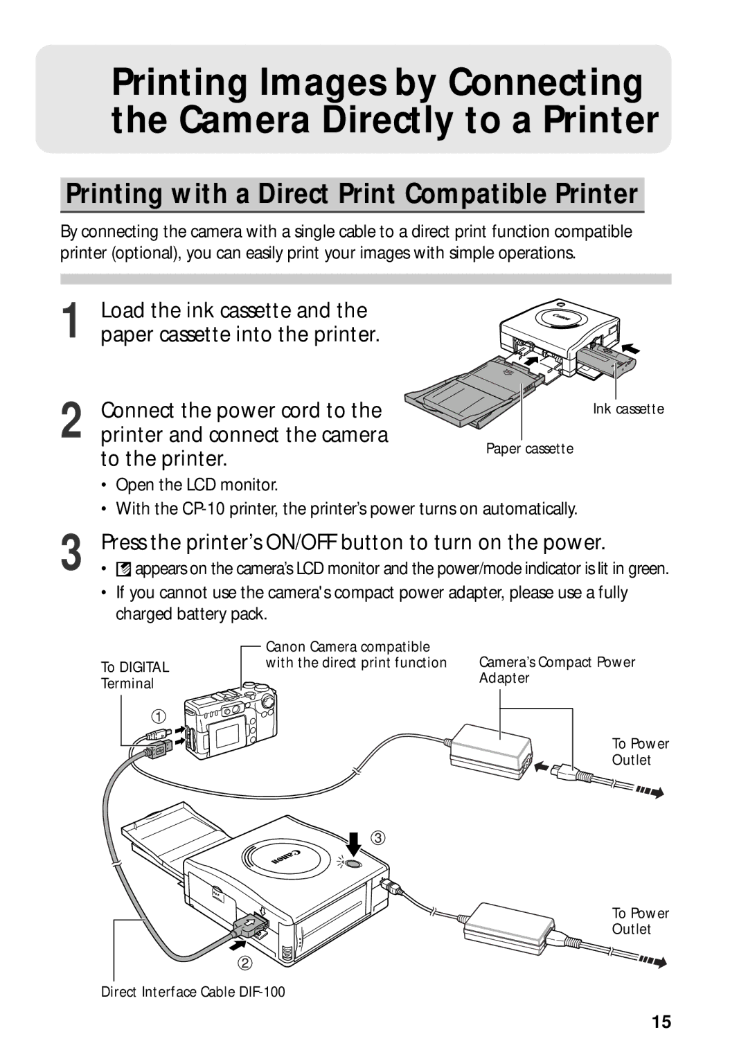 Canon G3 Printing with a Direct Print Compatible Printer, Load the ink cassette, Paper cassette into the printer 