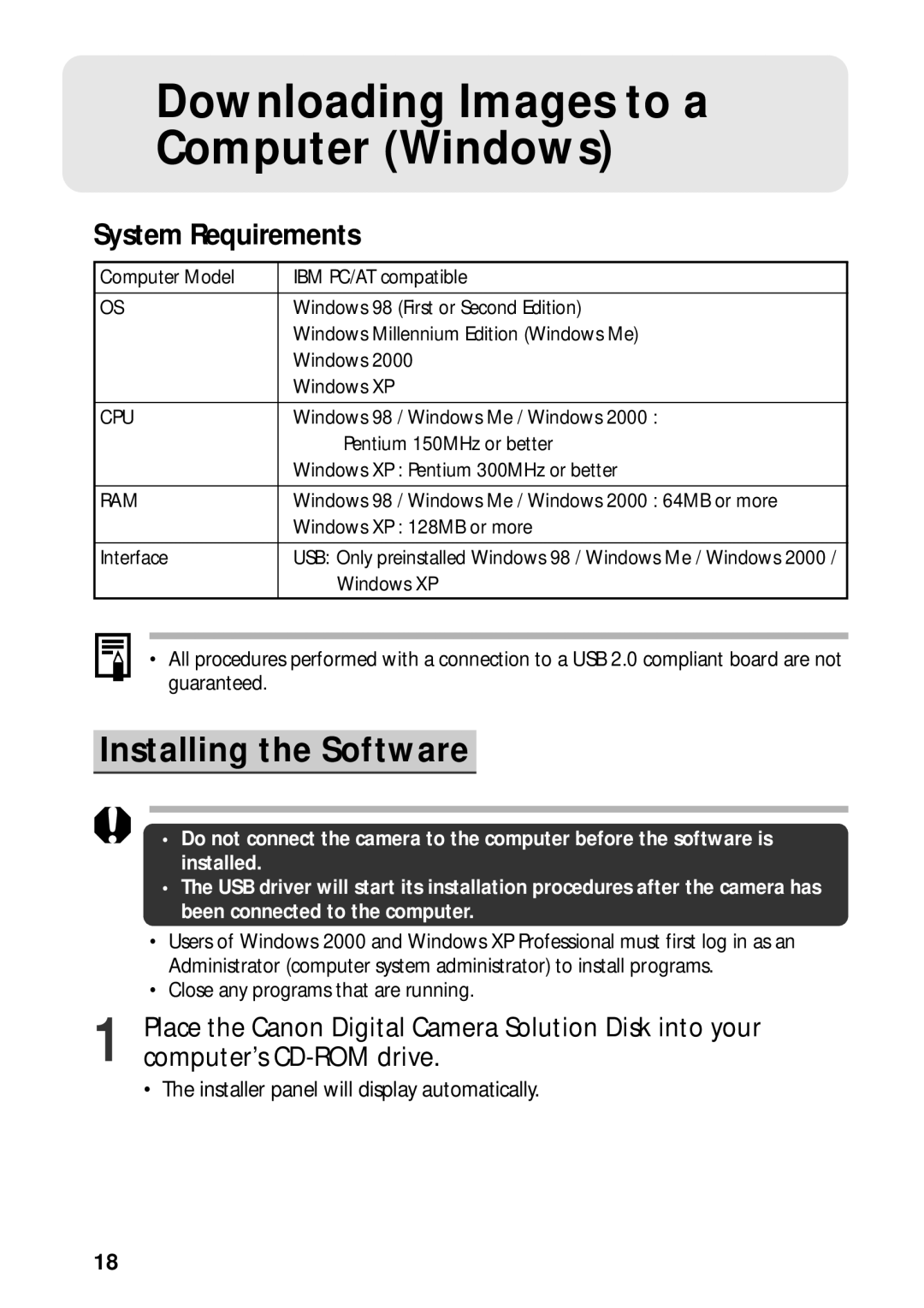 Canon G3 quick start Downloading Images to a Computer Windows, Installing the Software, System Requirements 