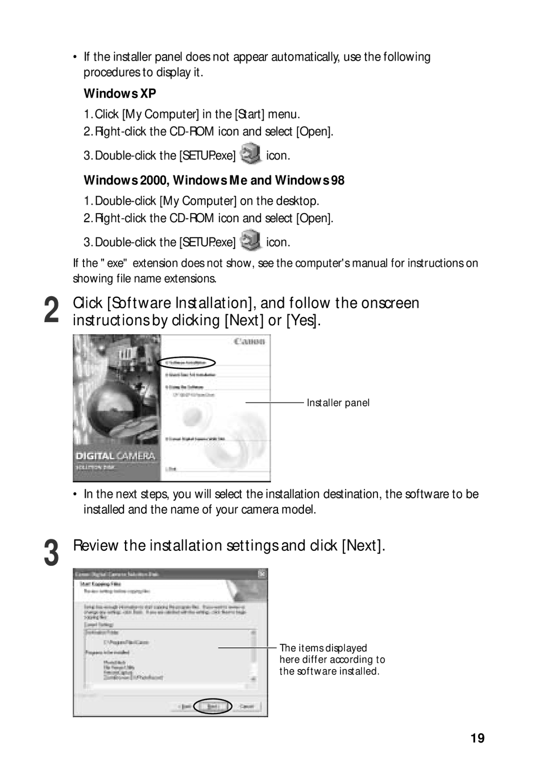 Canon G3 quick start Review the installation settings and click Next, Windows XP 