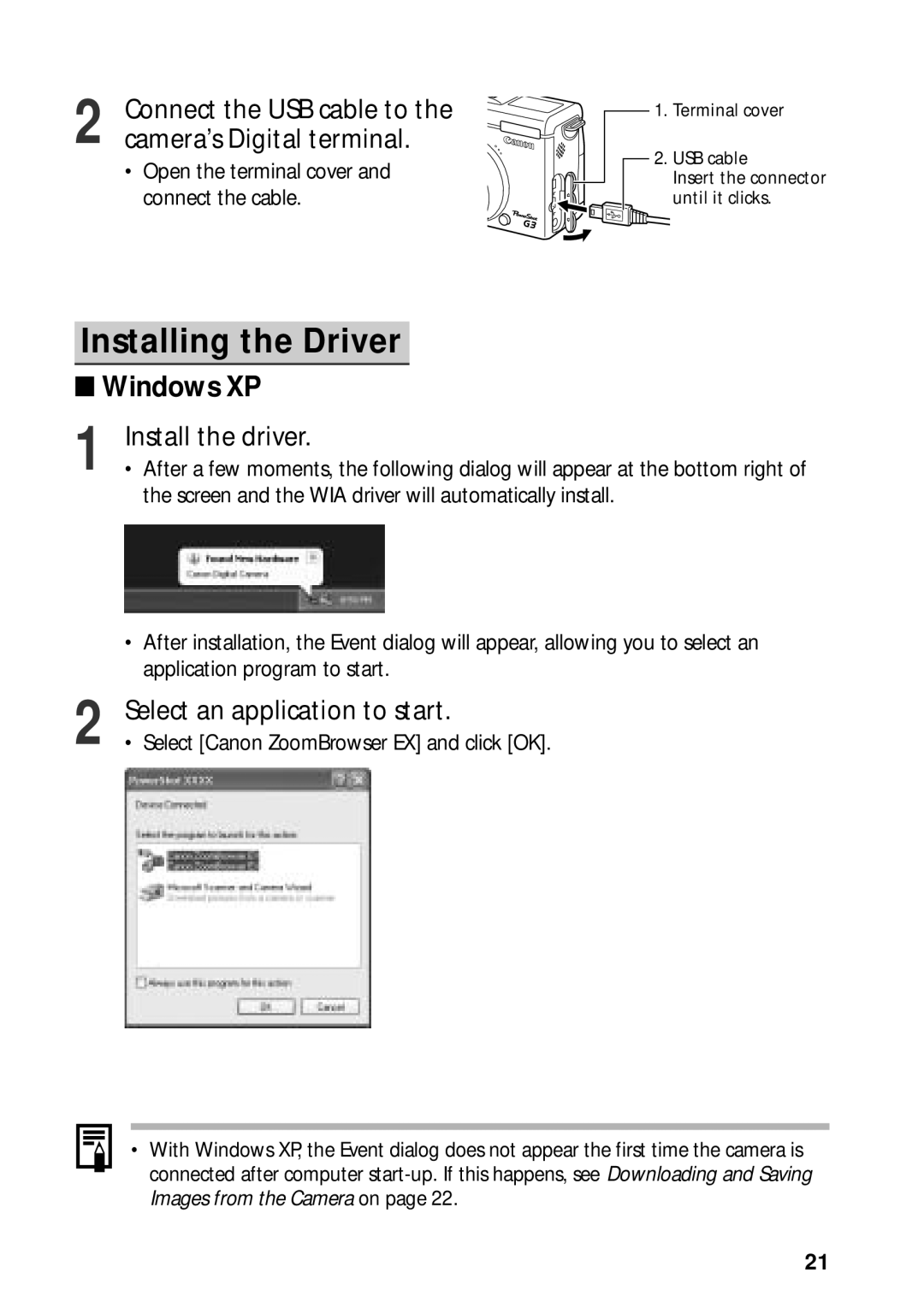 Canon G3 quick start Installing the Driver, Windows XP, Install the driver, Select an application to start 