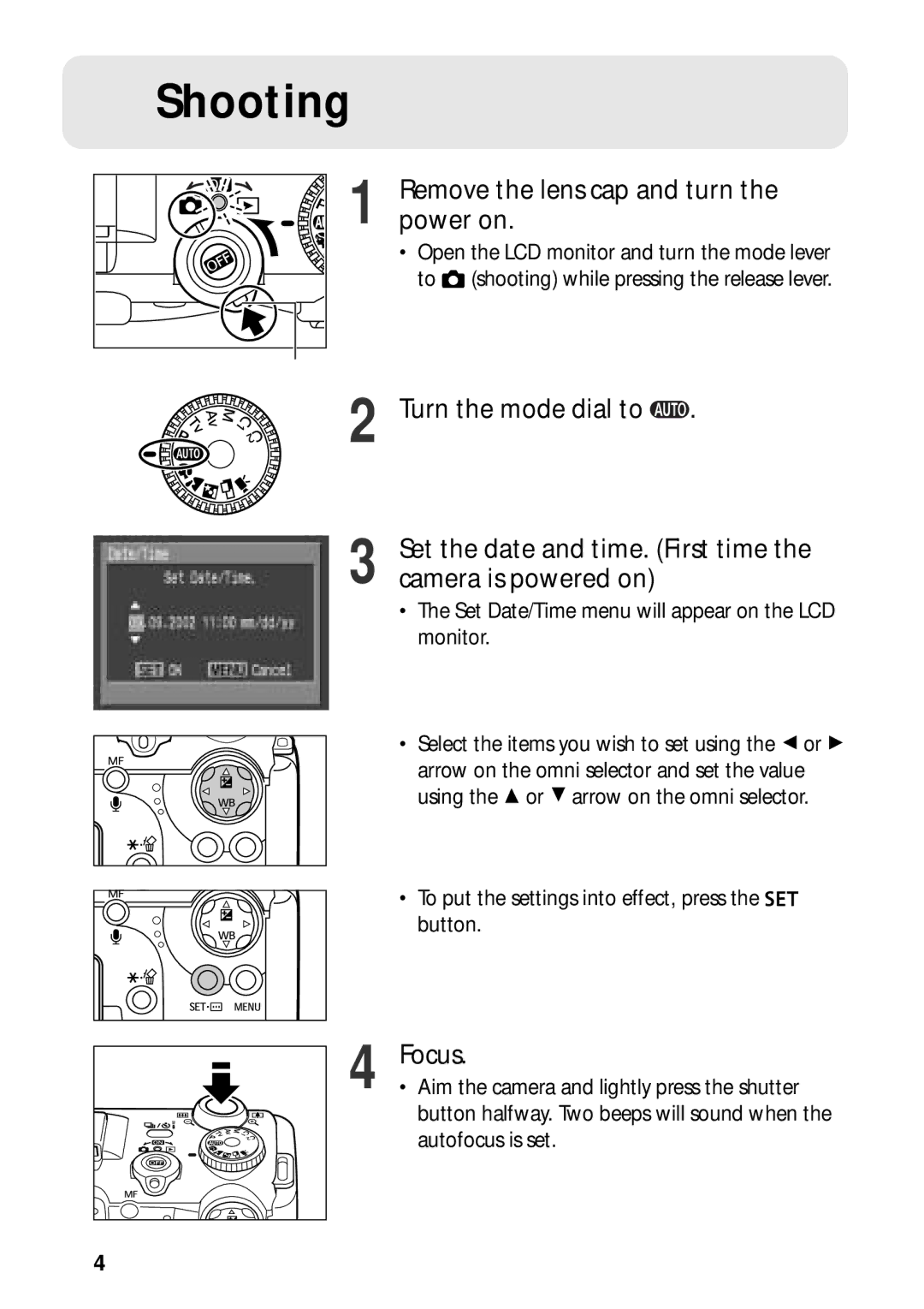 Canon G3 quick start Shooting, Remove the lens cap and turn, Power on, Focus 