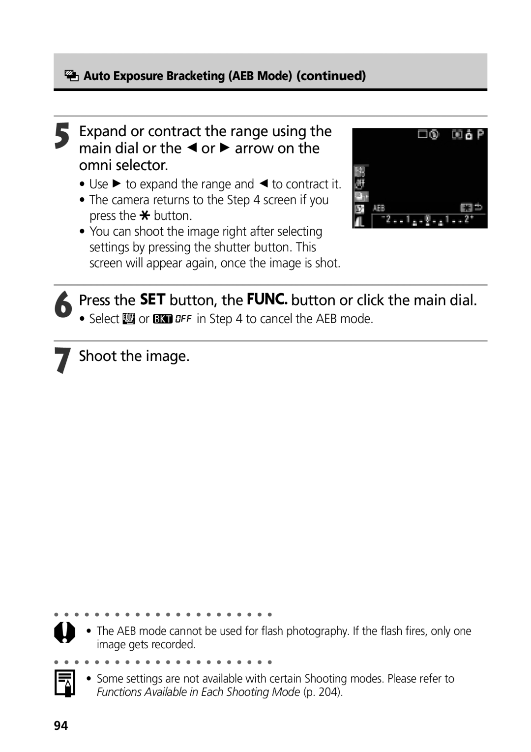 Canon G3 manual Select or in to cancel the AEB mode, Auto Exposure Bracketing AEB Mode 