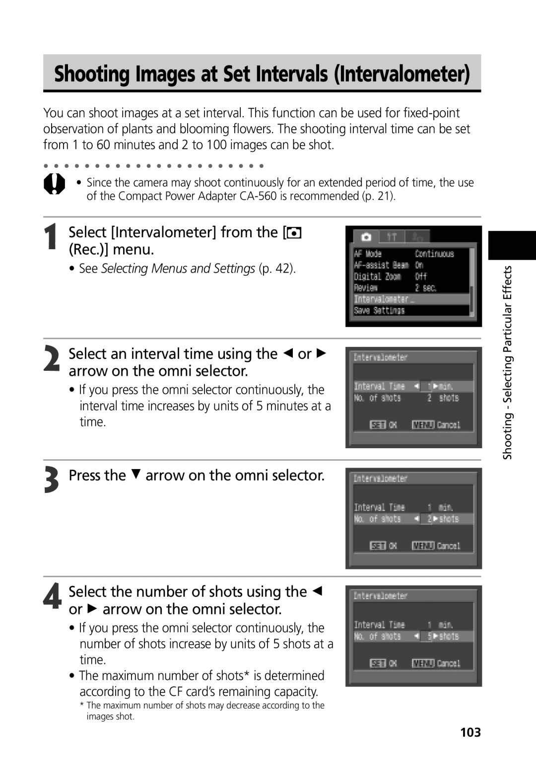 Canon G3 manual Select Intervalometer from the Rec. menu, 103 