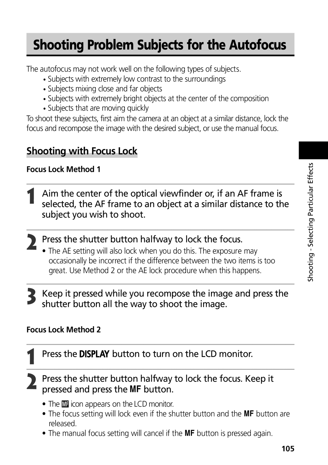 Canon G3 manual Shooting with Focus Lock, Focus Lock Method, 105 