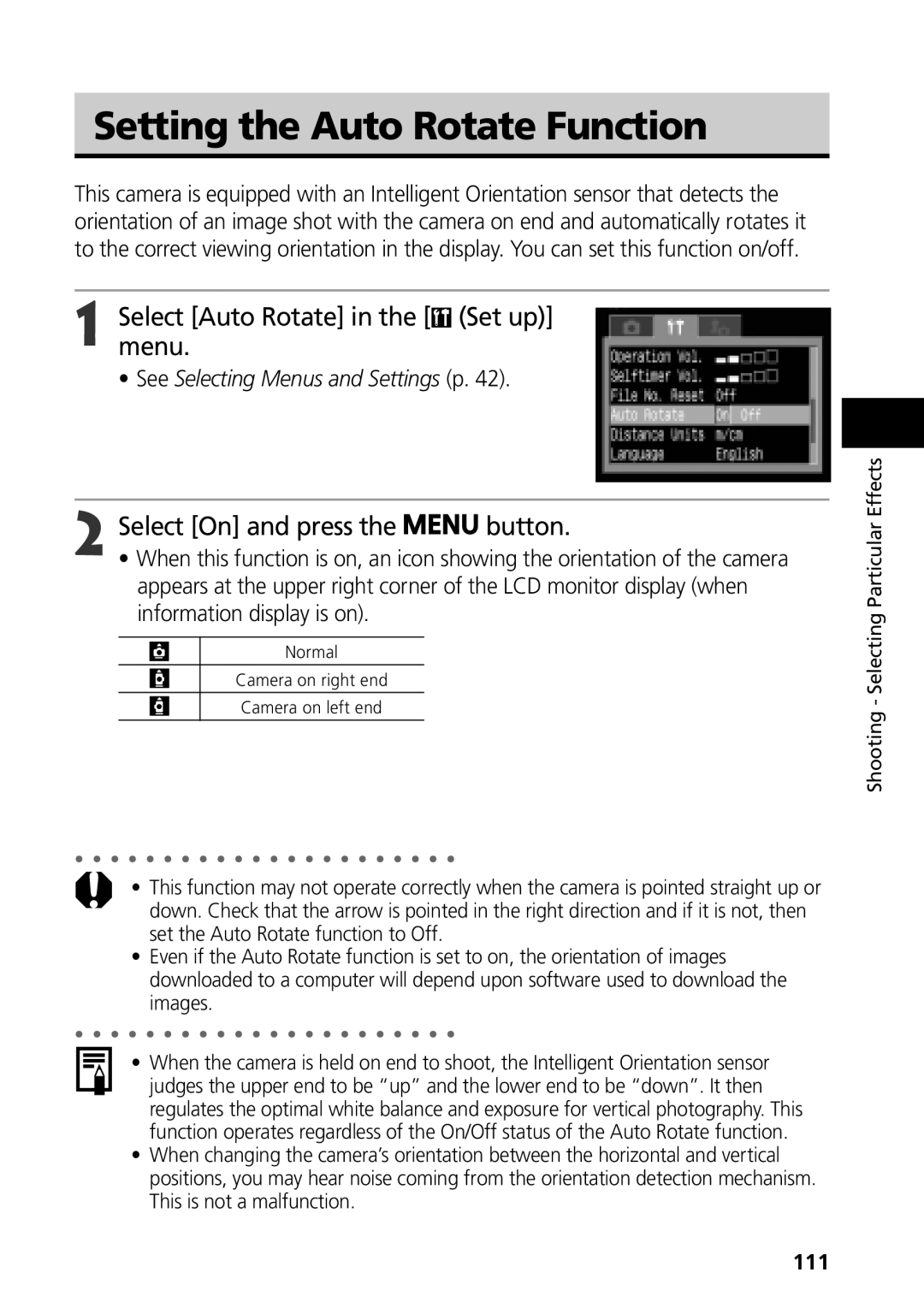 Canon G3 manual Setting the Auto Rotate Function, Select Auto Rotate in the Set up menu, Information display is on, 111 