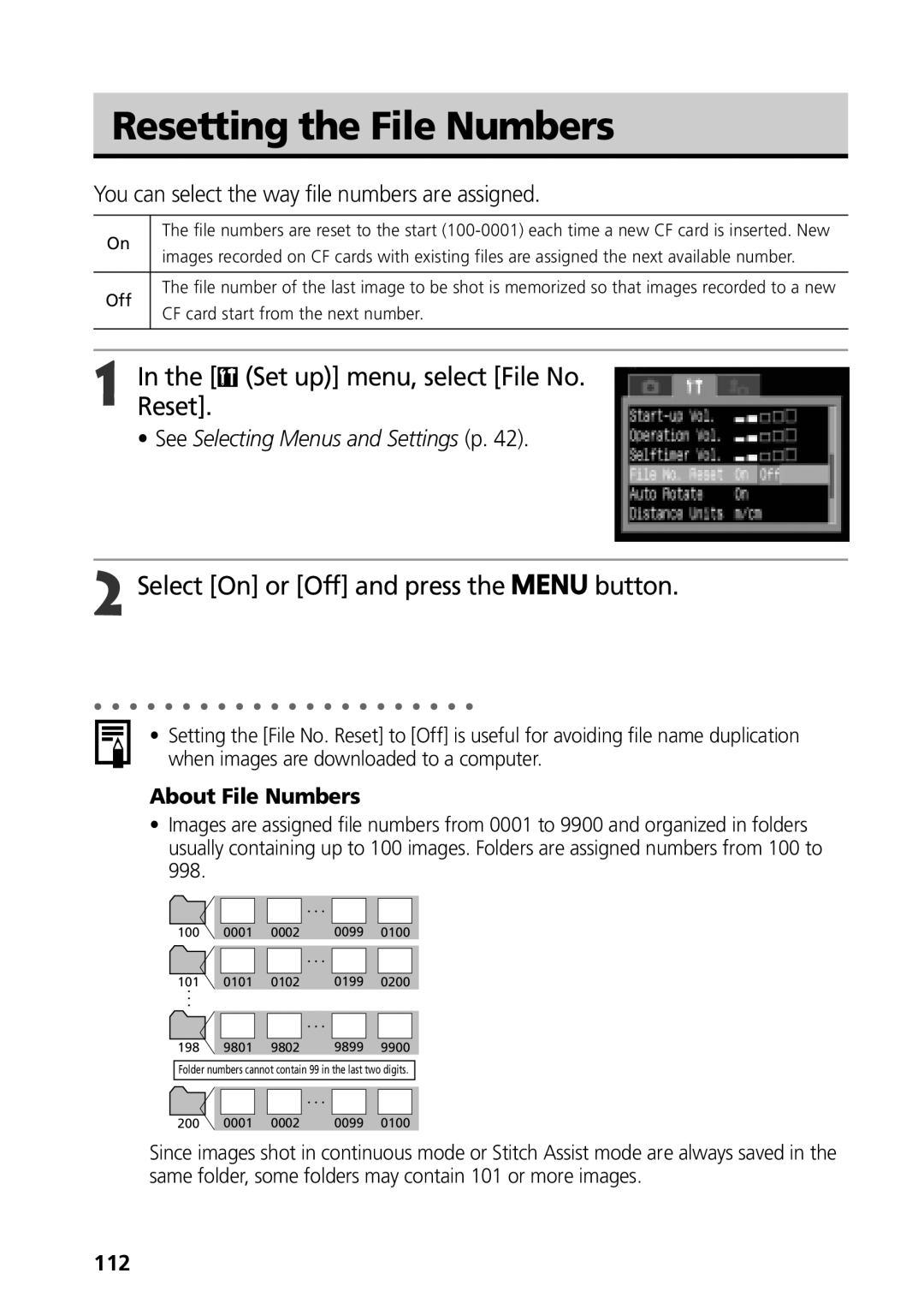 Canon G3 manual Resetting the File Numbers, Set up menu, select File No. Reset, Select On or Off and press the button 