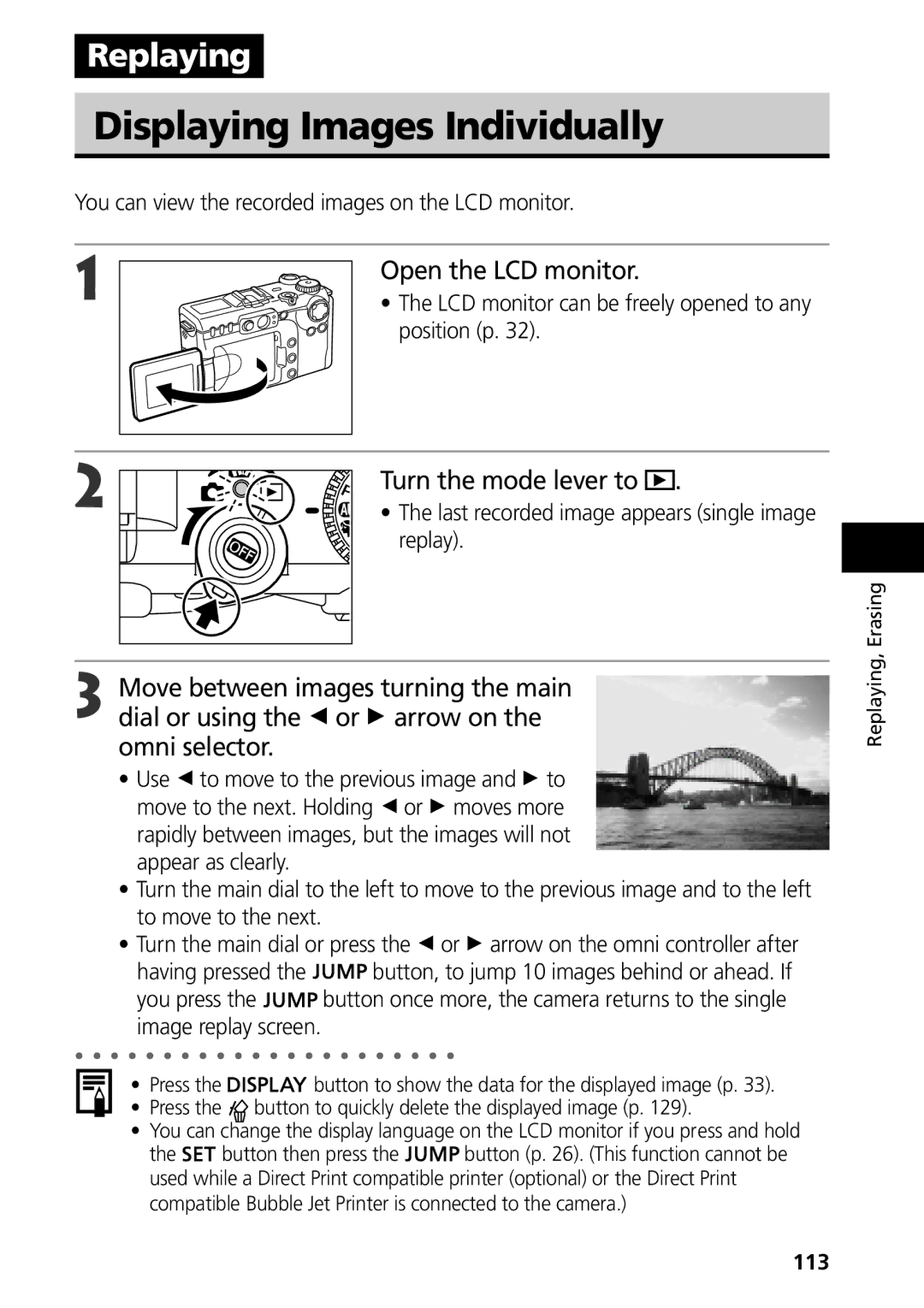 Canon G3 manual Displaying Images Individually, Open the LCD monitor, Turn the mode lever to 