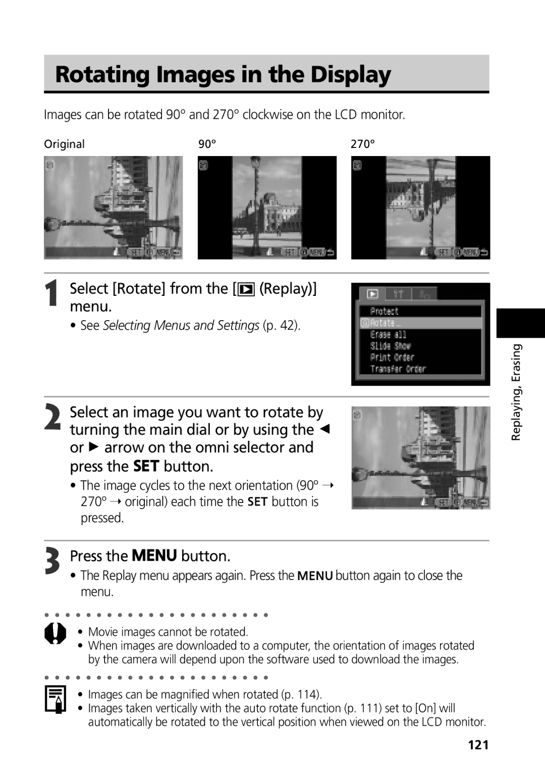 Canon G3 manual Rotating Images in the Display, Selectmenu.Rotate from the Replay, Menu, 121 