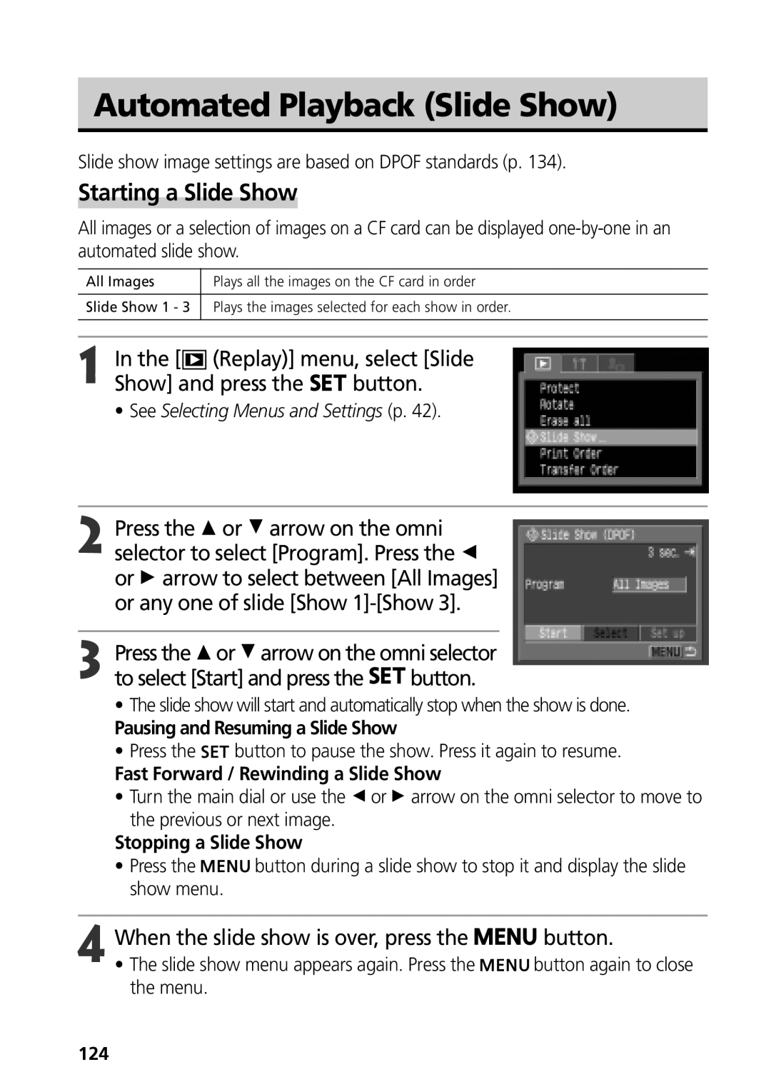 Canon G3 manual Automated Playback Slide Show, Starting a Slide Show, Replay menu, select Slide Show and press the button 