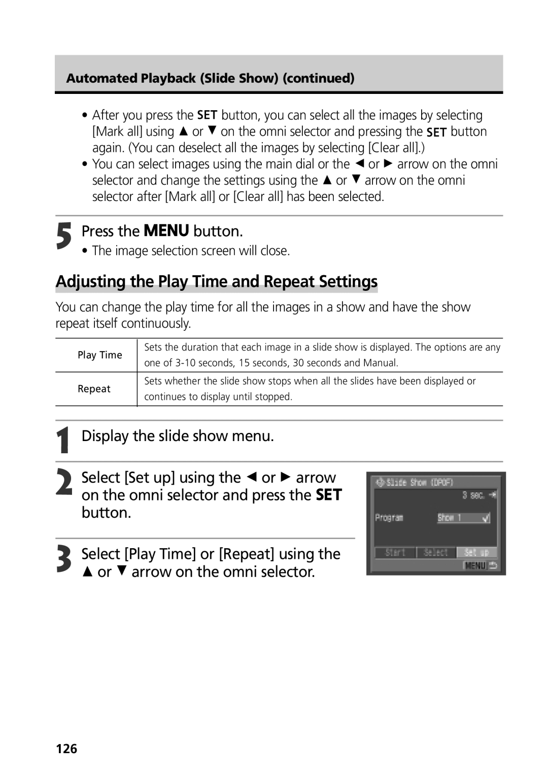 Canon G3 manual Adjusting the Play Time and Repeat Settings, Automated Playback Slide Show, 126 