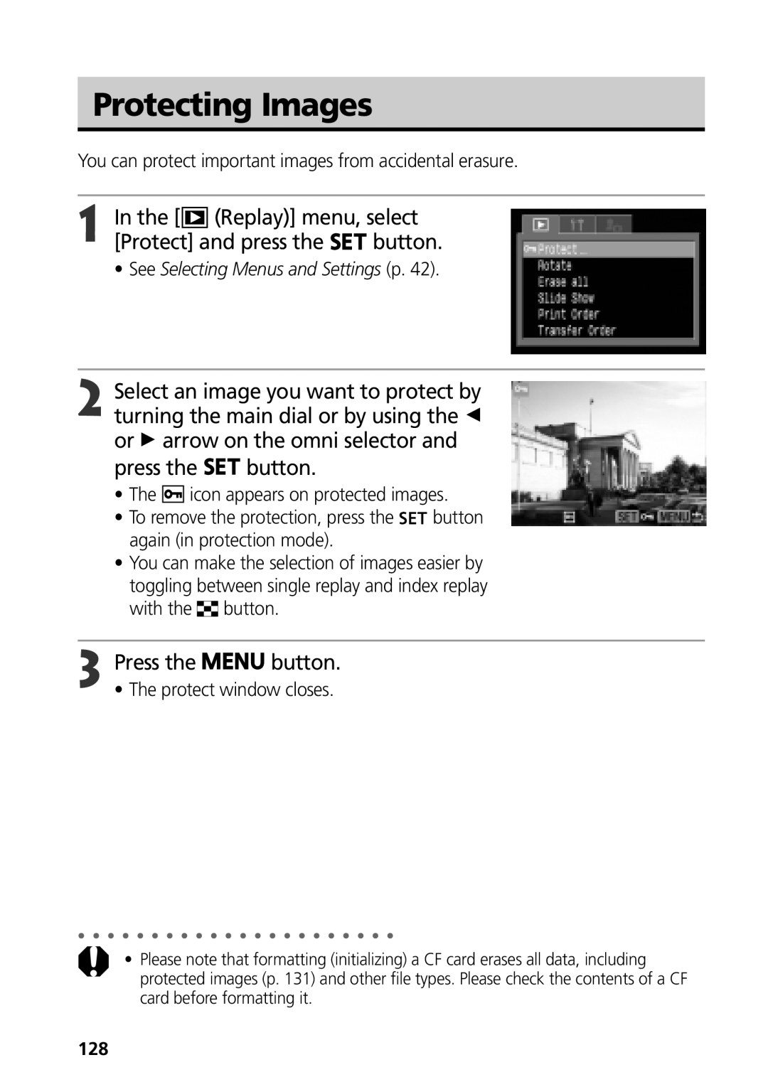 Canon G3 manual Protecting Images, Replay menu, select Protect and press the button, Protect window closes, 128 