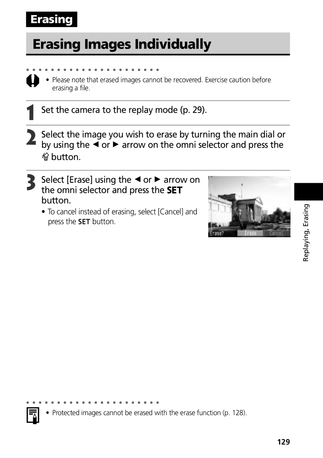 Canon G3 manual Erasing Images Individually, Protected images cannot be erased with the erase function p, 129 