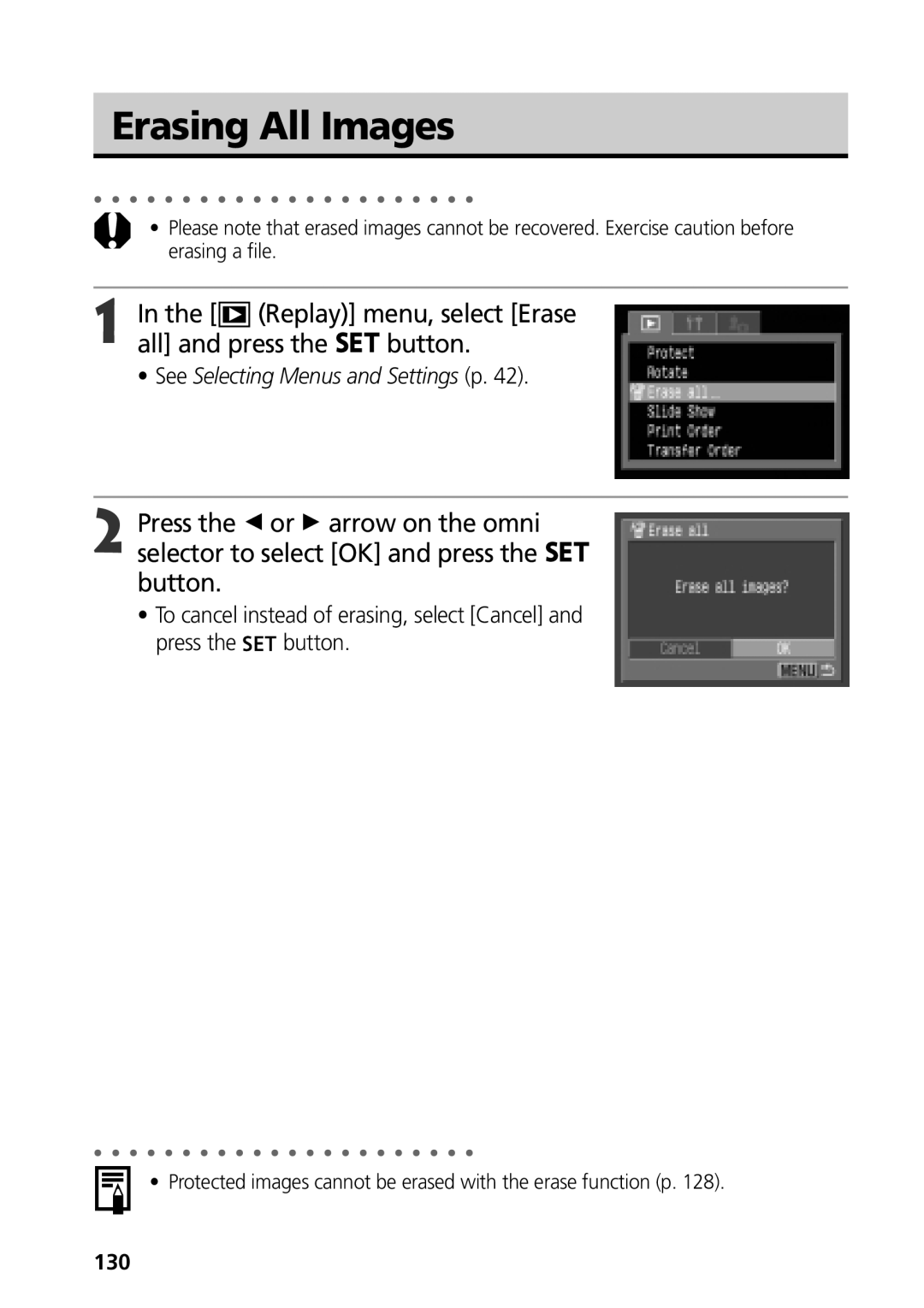 Canon G3 manual Erasing All Images, Replay menu, select Erase All and press the button, 130 