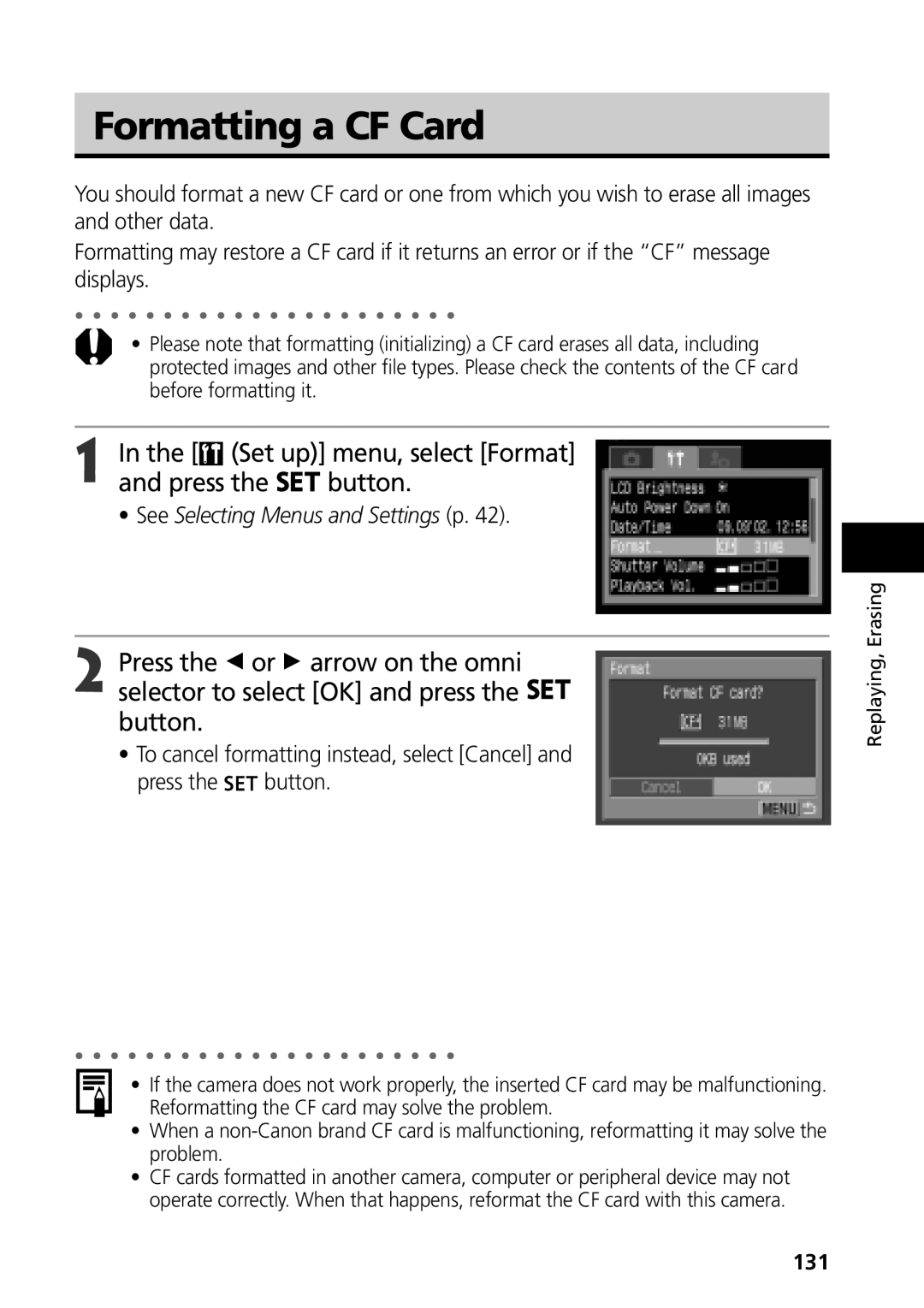 Canon G3 manual Formatting a CF Card, Set up menu, select Format Press the button, 131 