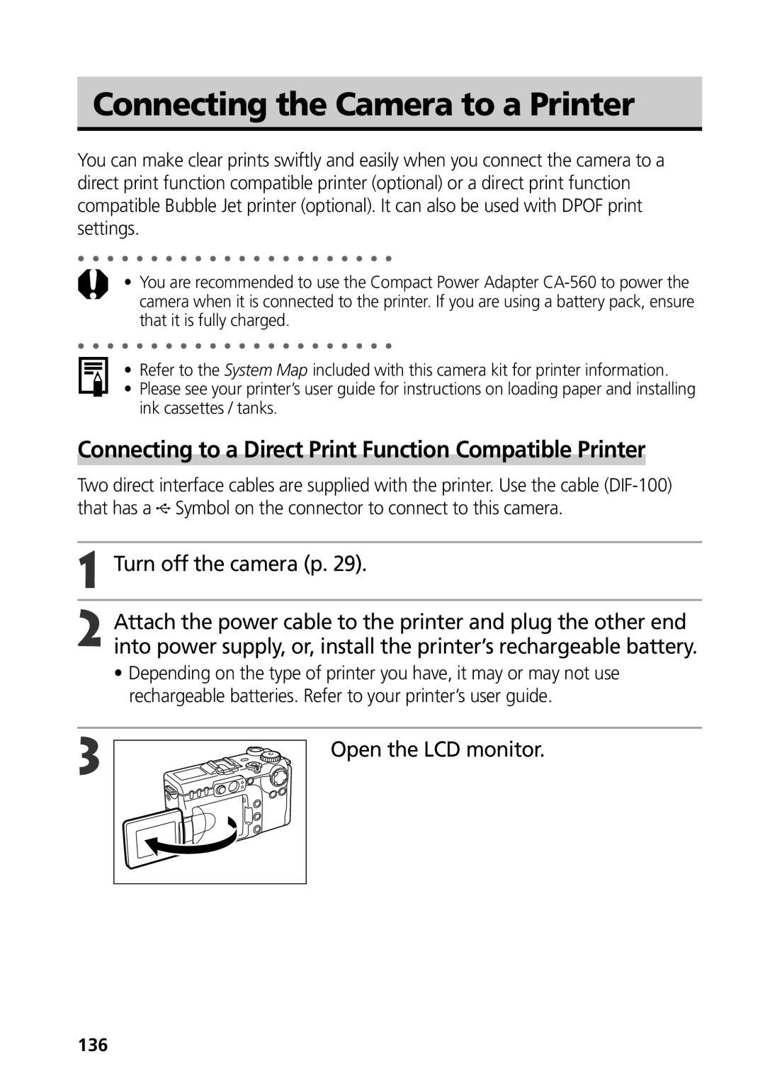 Canon G3 manual Connecting the Camera to a Printer, Connecting to a Direct Print Function Compatible Printer, 136 