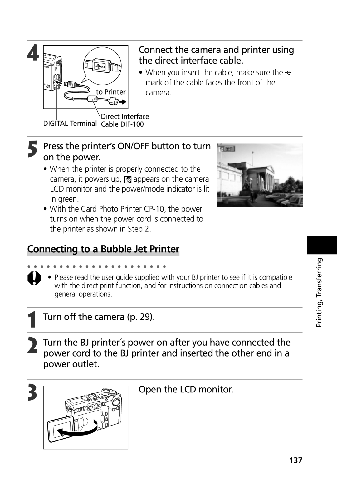 Canon G3 manual Connecting to a Bubble Jet Printer, Direct interface cable, Mark of the cable faces the front, Camera 