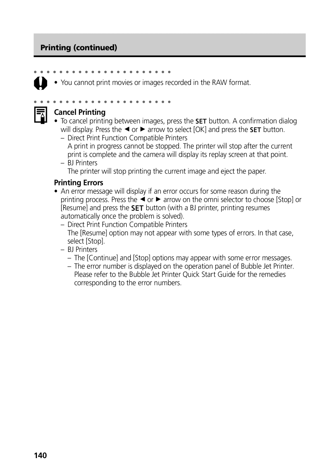 Canon G3 manual Cancel Printing, Printing Errors, 140 