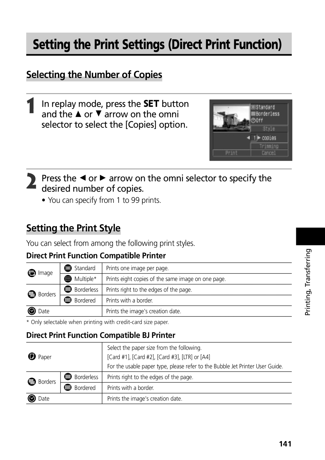 Canon G3 manual Selecting the Number of Copies, Setting the Print Style, Direct Print Function Compatible Printer 