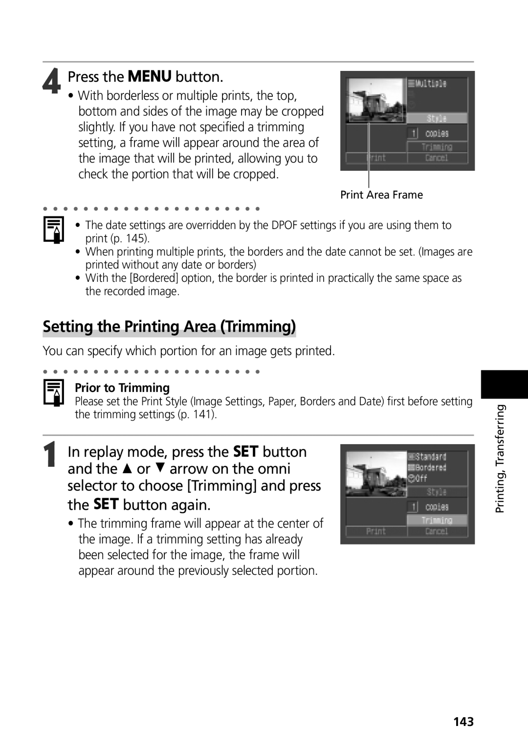 Canon G3 Setting the Printing Area Trimming, Button again, You can specify which portion for an image gets printed, 143 