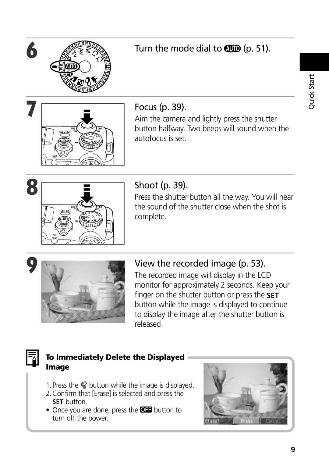 Canon G3 Turn the mode dial to p Focus p, Shoot p, View the recorded image p, To Immediately Delete the Displayed Image 