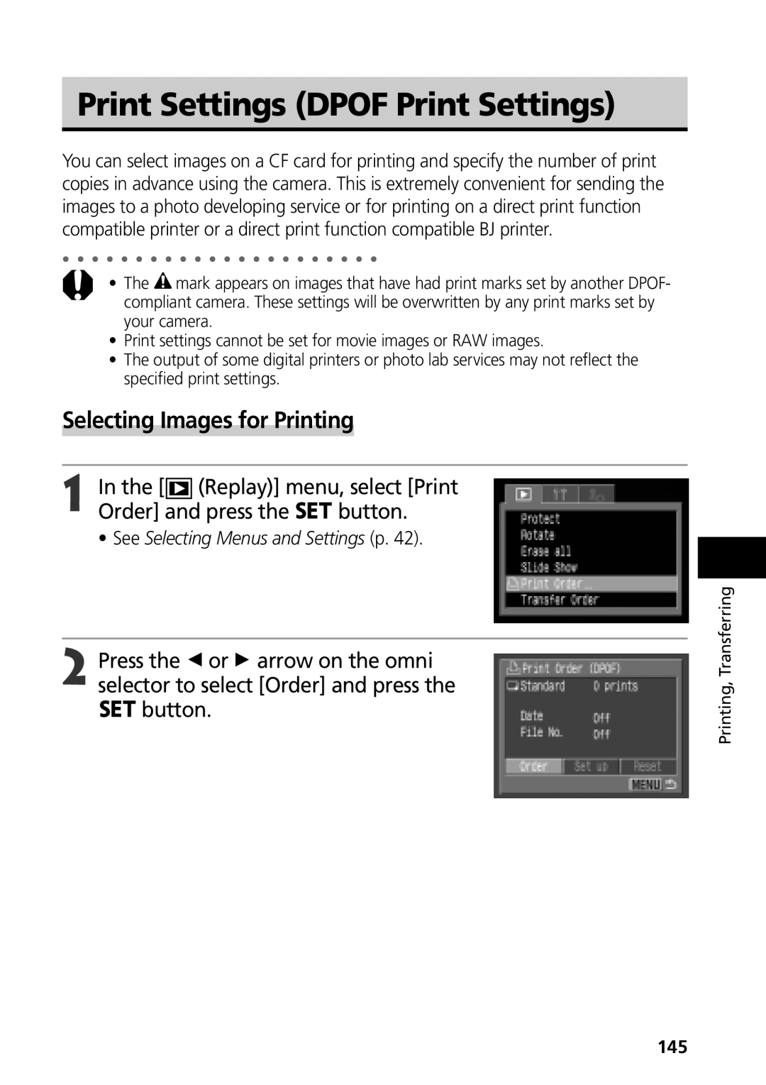 Canon G3 manual Print Settings Dpof Print Settings, Selecting Images for Printing, 145 