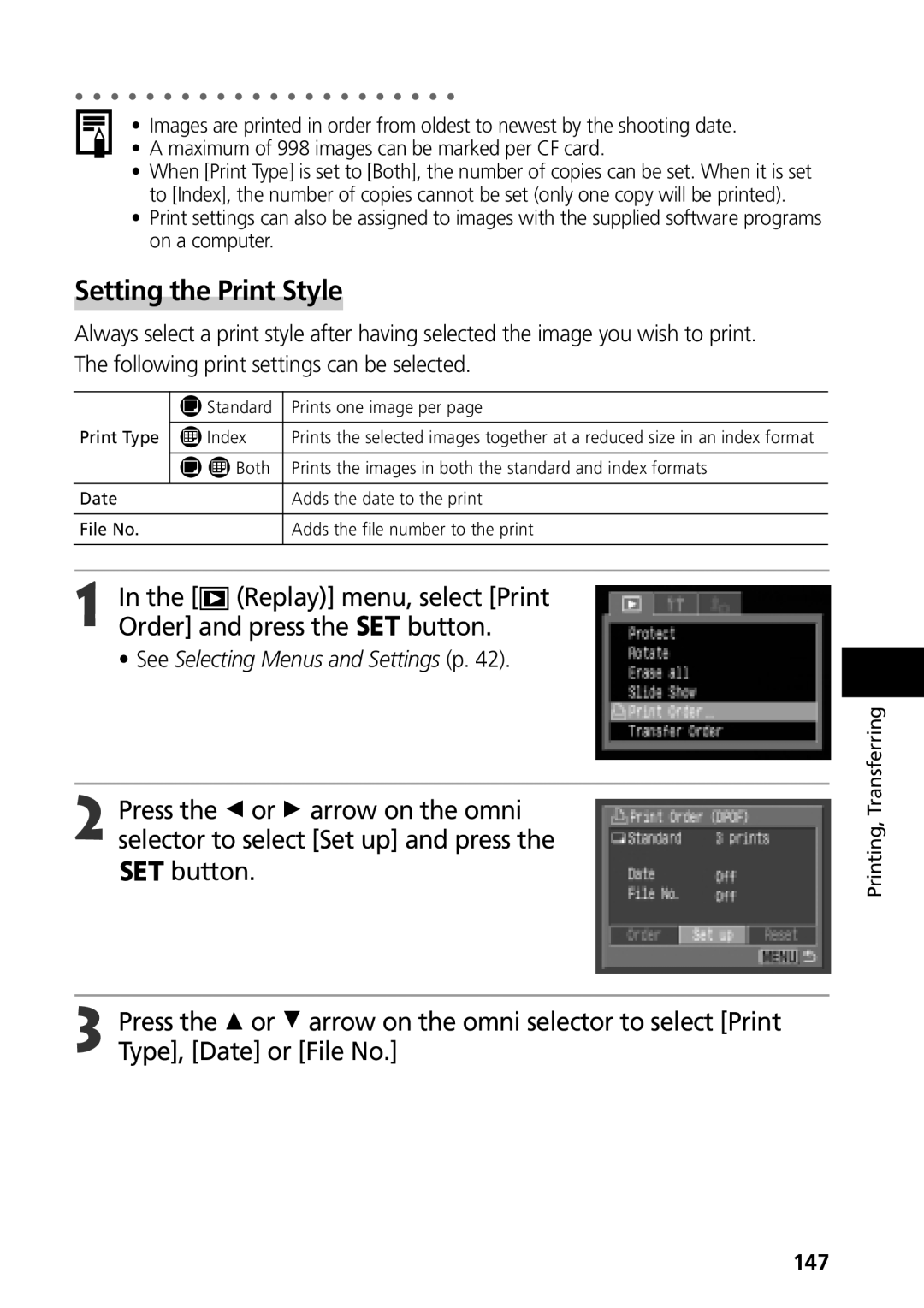 Canon G3 manual Maximum of 998 images can be marked per CF card, 147 