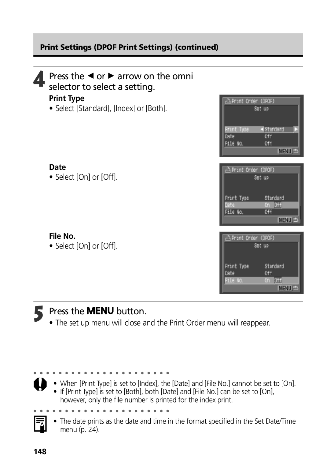 Canon G3 manual Print Type, Select Standard, Index or Both, Date, File No, 148 