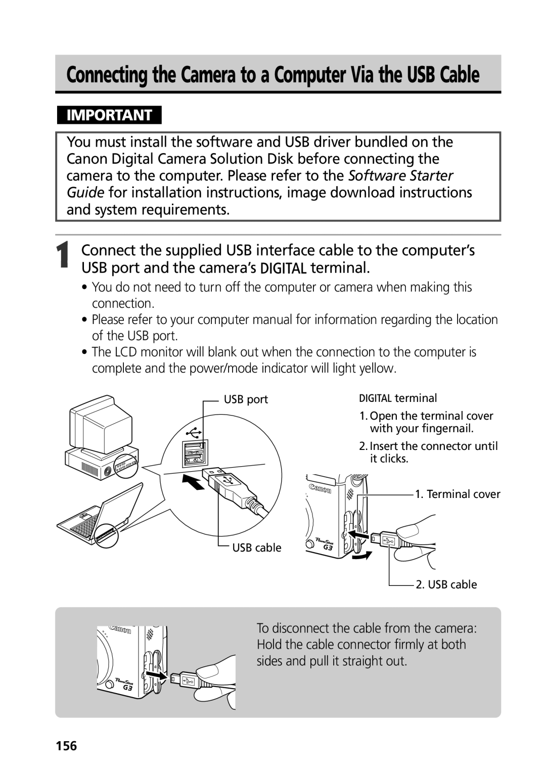 Canon G3 manual Connecting the Camera to a Computer Via the USB Cable, 156 