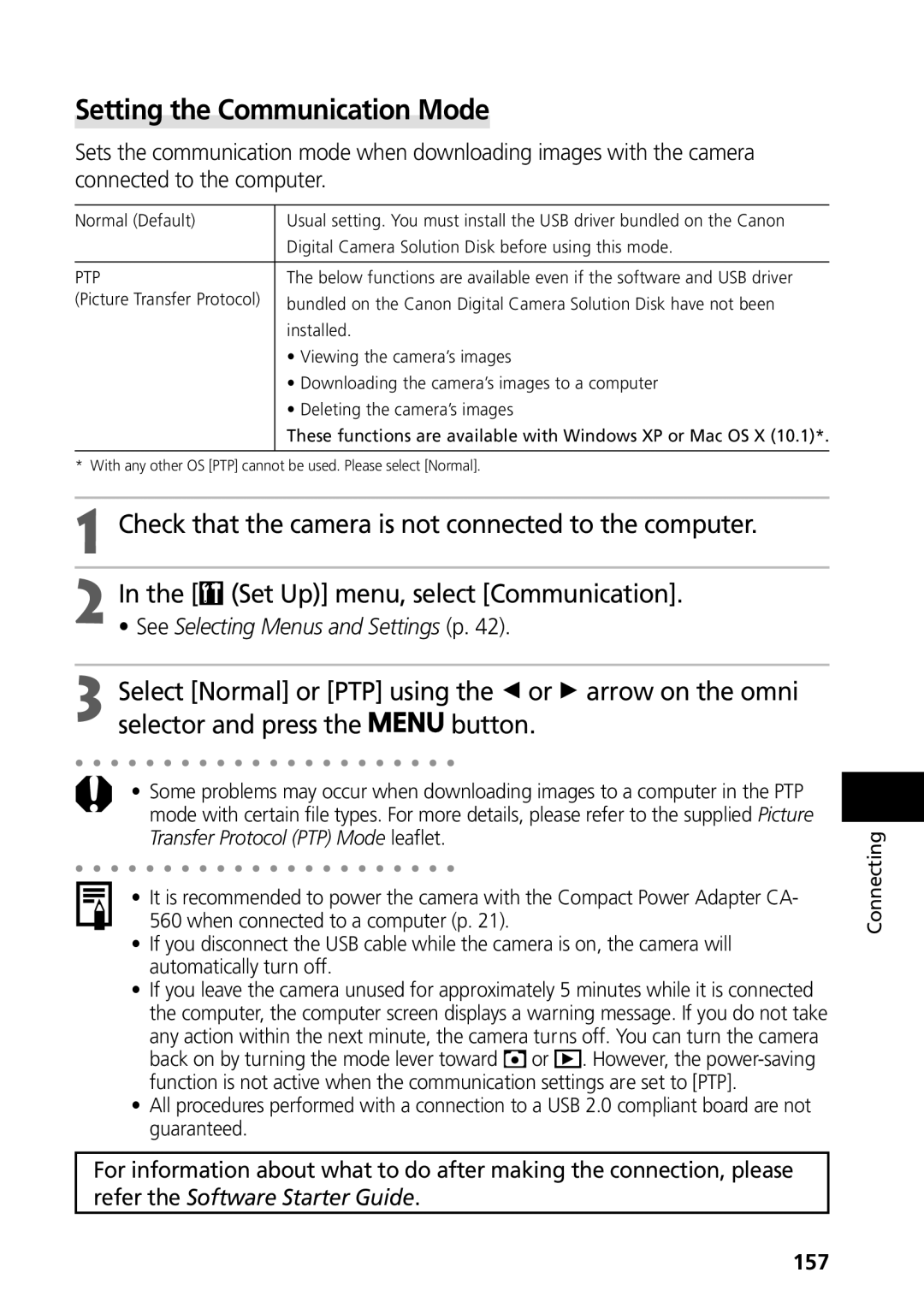 Canon G3 manual Setting the Communication Mode, Check that the camera is not connected to the computer, 157 