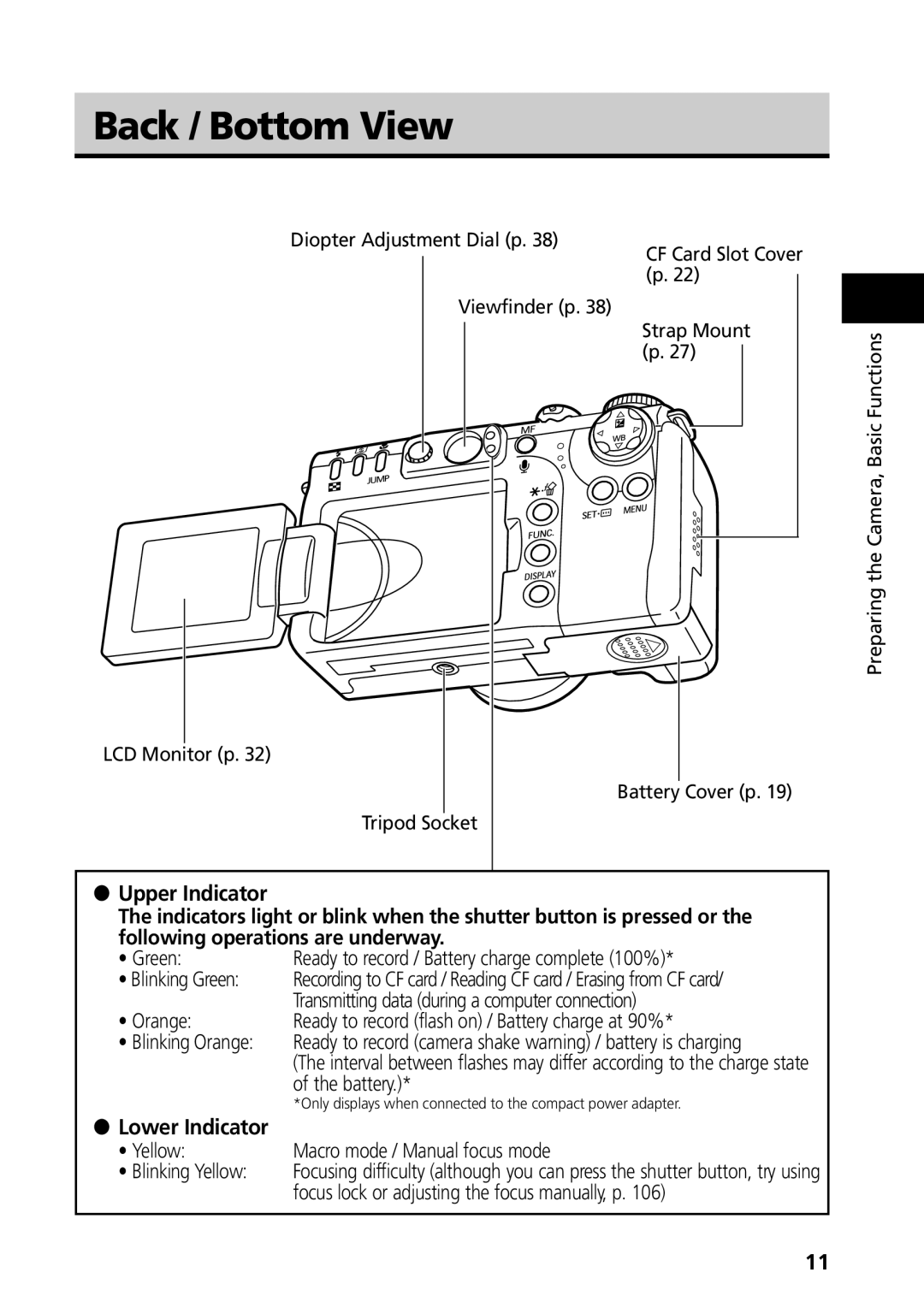 Canon G3 manual Back / Bottom View, Upper Indicator, Lower Indicator 